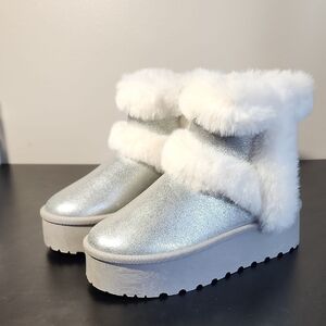 Silver and White Faux Fur Platform Boots
